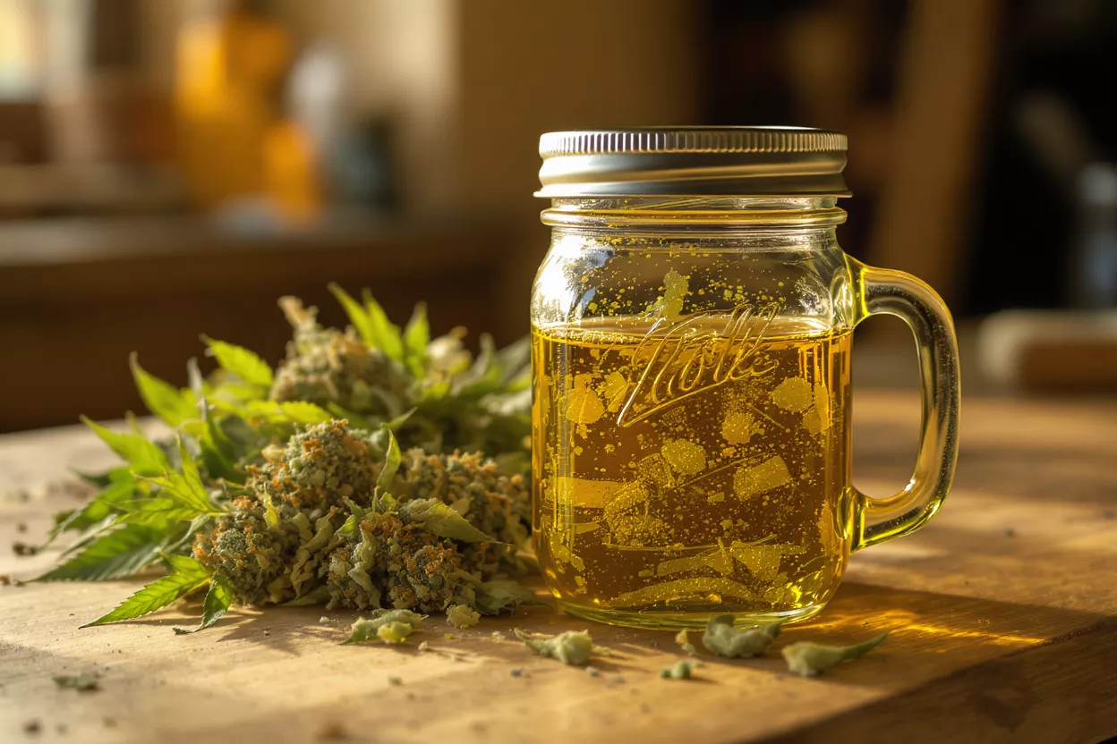 Cannabis buds and leaves beside a mason jar filled with golden cannabis oil.
