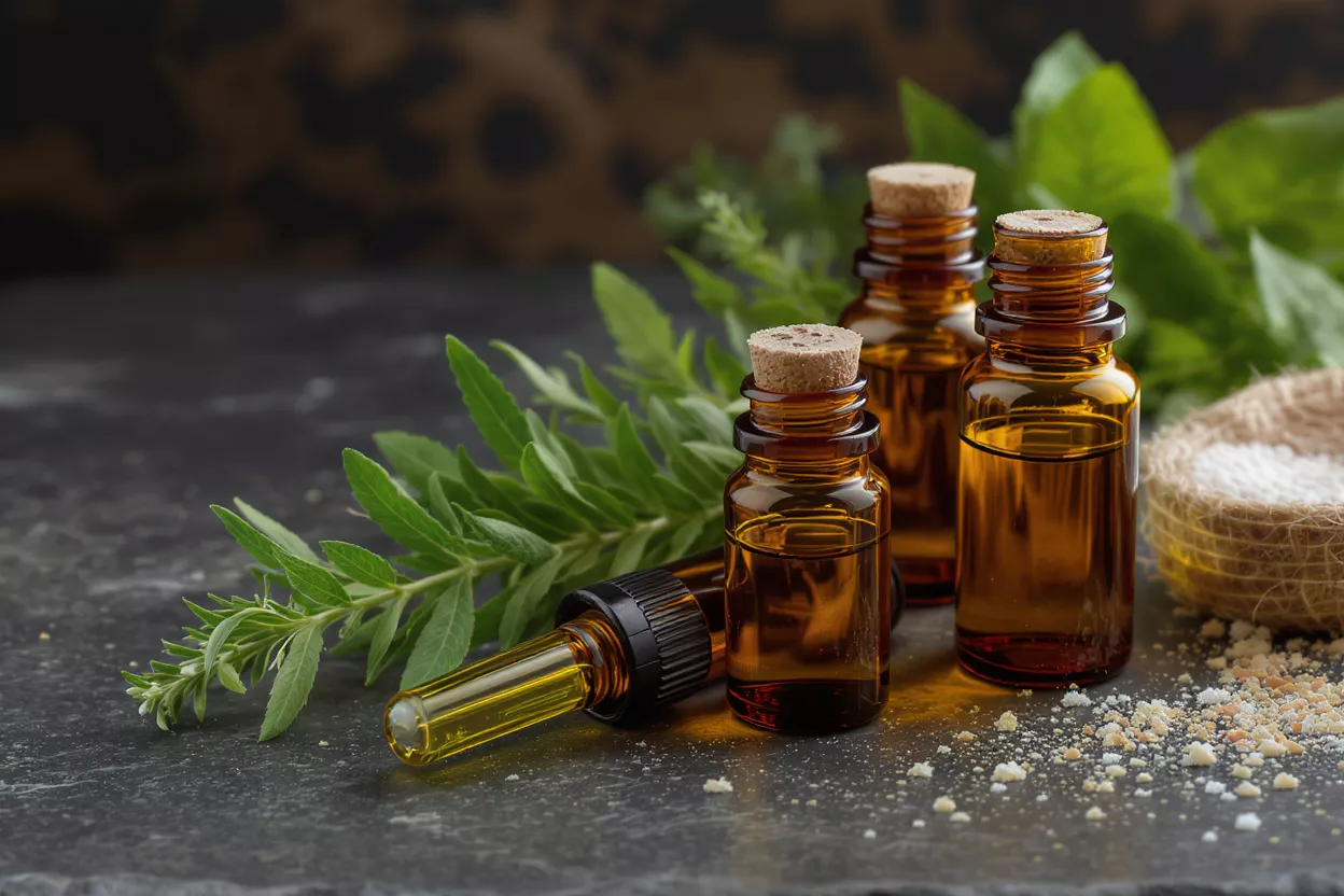 Amber bottles of essential oil with corks, dropper, green herbs, and white powder.