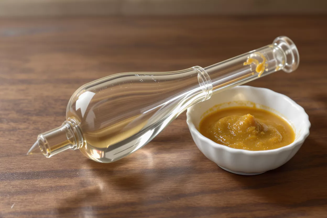 A clear glass bottle next to a white bowl filled with orange puree on a wooden surface.