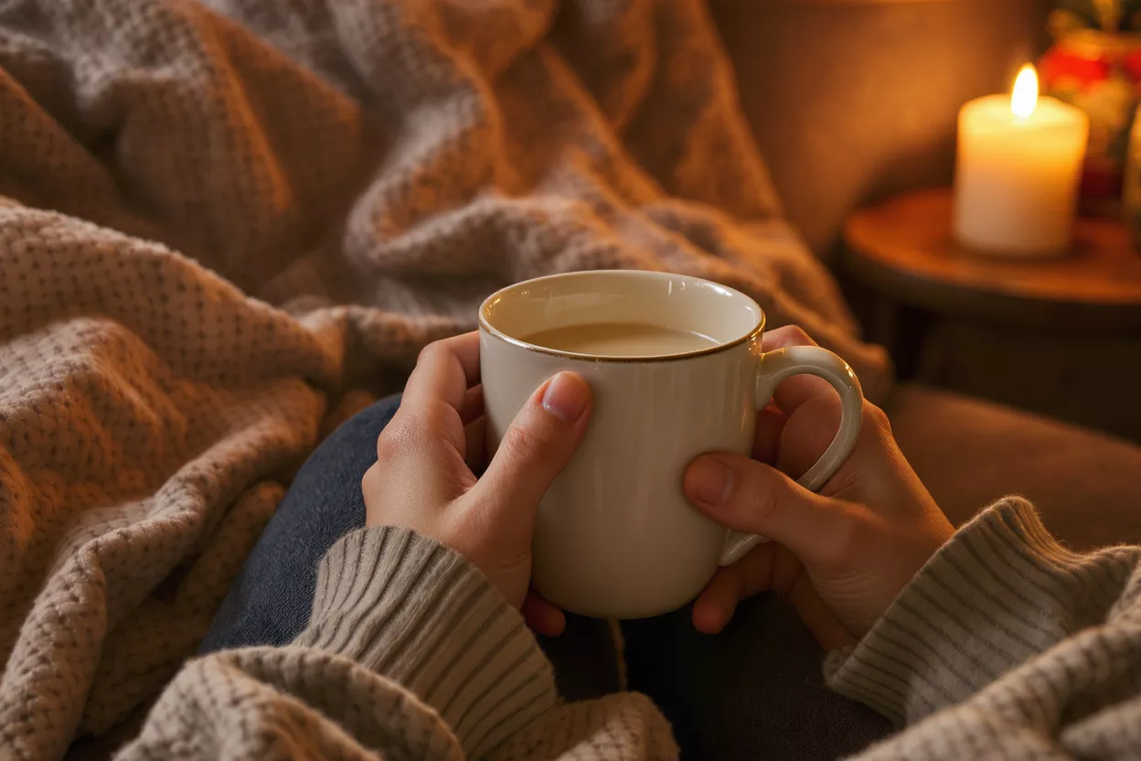 Hands holding a warm mug, surrounded by a blanket and candlelight.