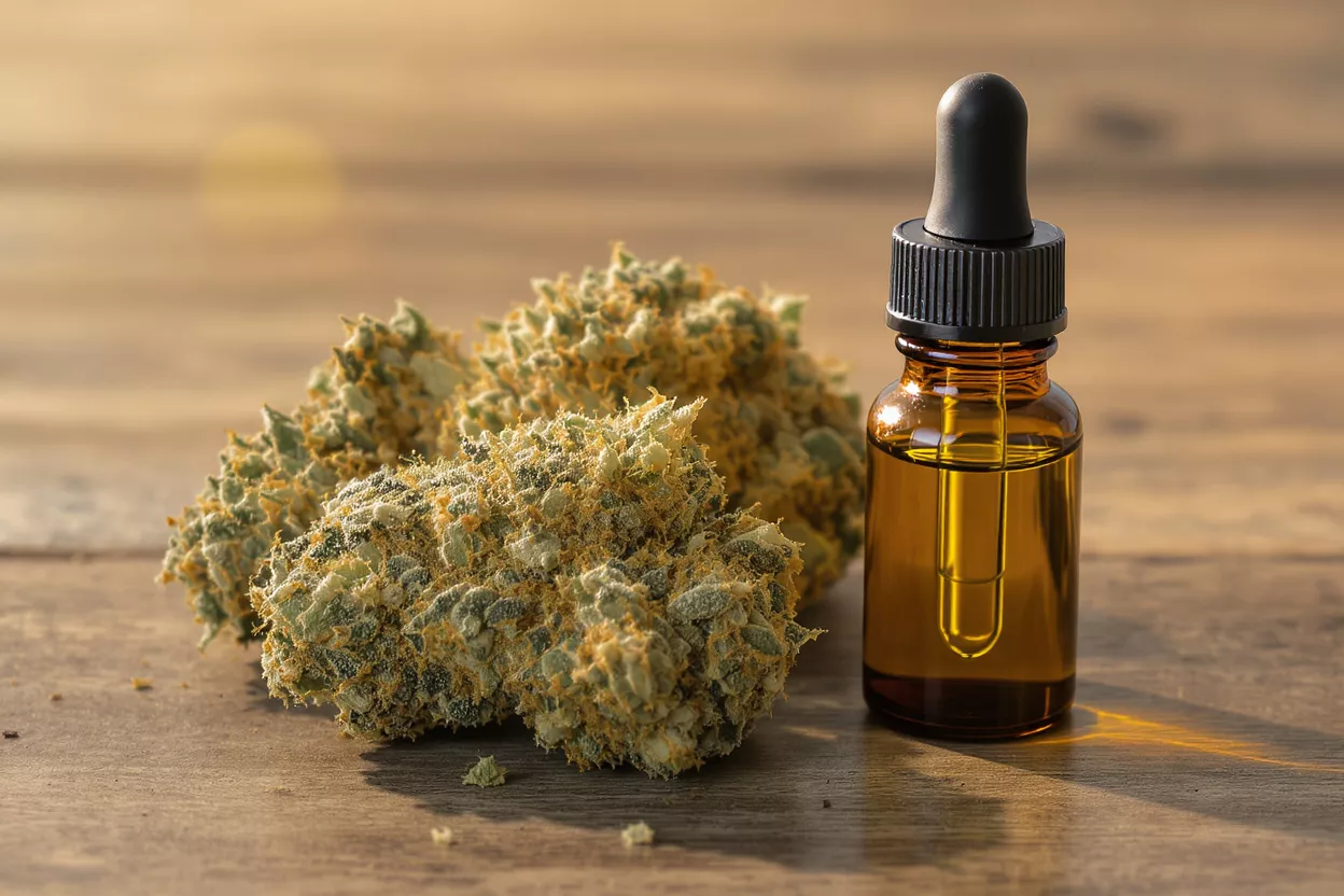 Close-up of cannabis buds and a CBD oil dropper bottle on a wooden surface.