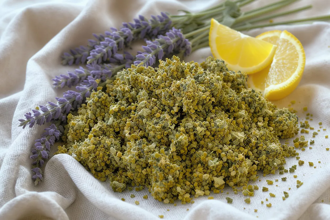 A close-up of a green herbal blend with lavender and lemon slices.