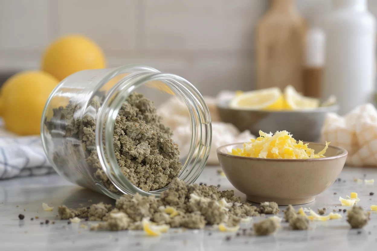 Matcha powder spilling from a jar next to a bowl of lemon zest.