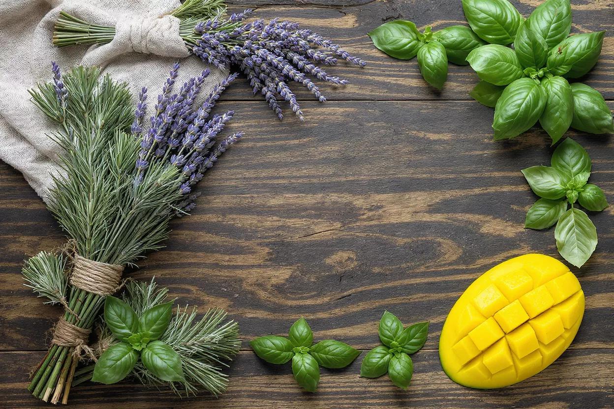 Lavender, basil leaves, and a cut mango on a dark wooden background.