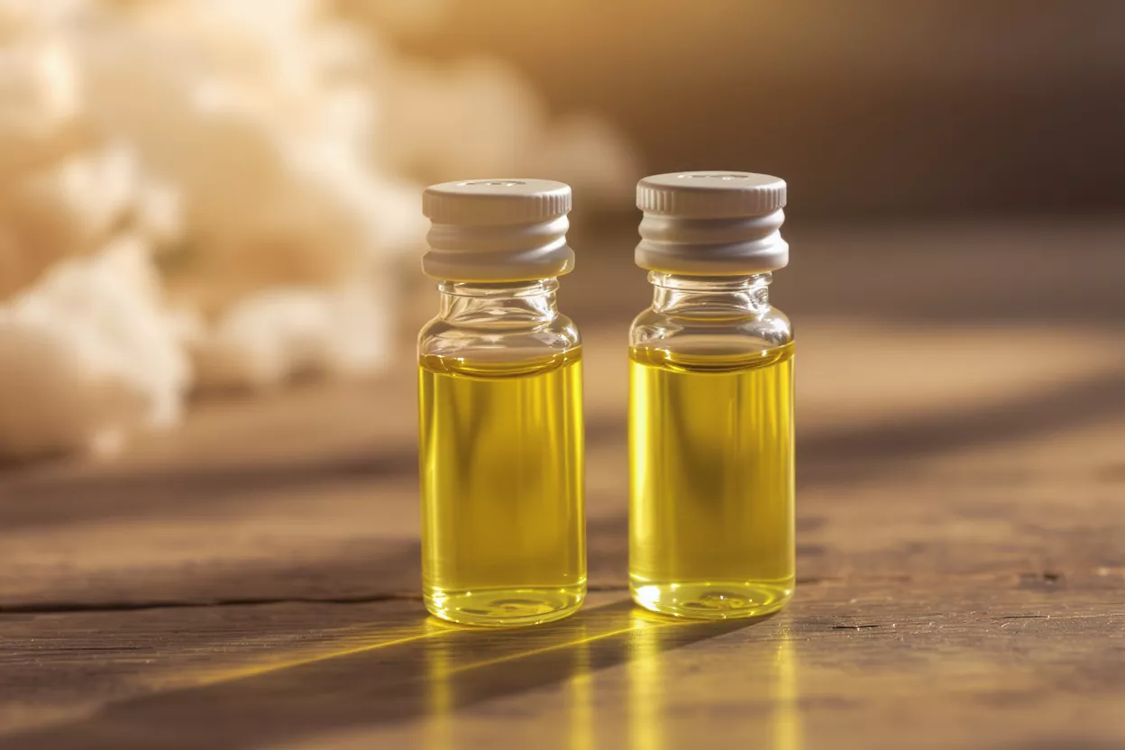 Two small glass vials filled with yellow oil on a wooden surface with cotton in background.