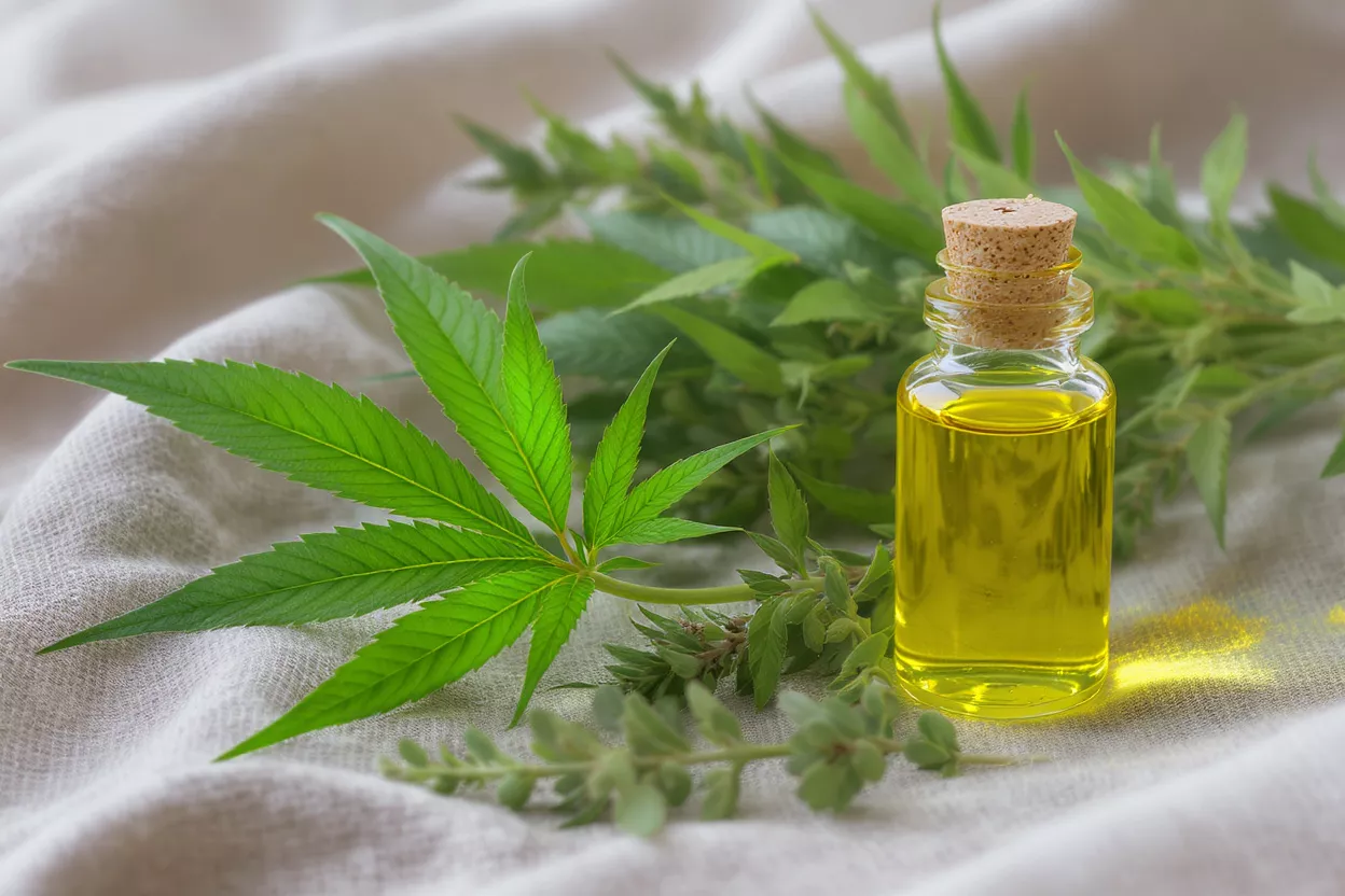 Small bottle of golden CBD oil with fresh green cannabis leaves on linen.