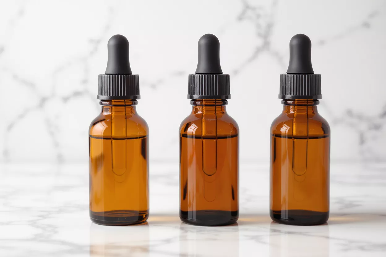 Three amber glass dropper bottles with black caps on a white marble surface.