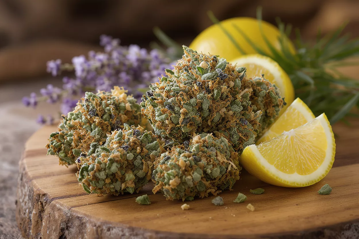 Close-up of cannabis buds, lemon slices, and lavender on a wooden board.