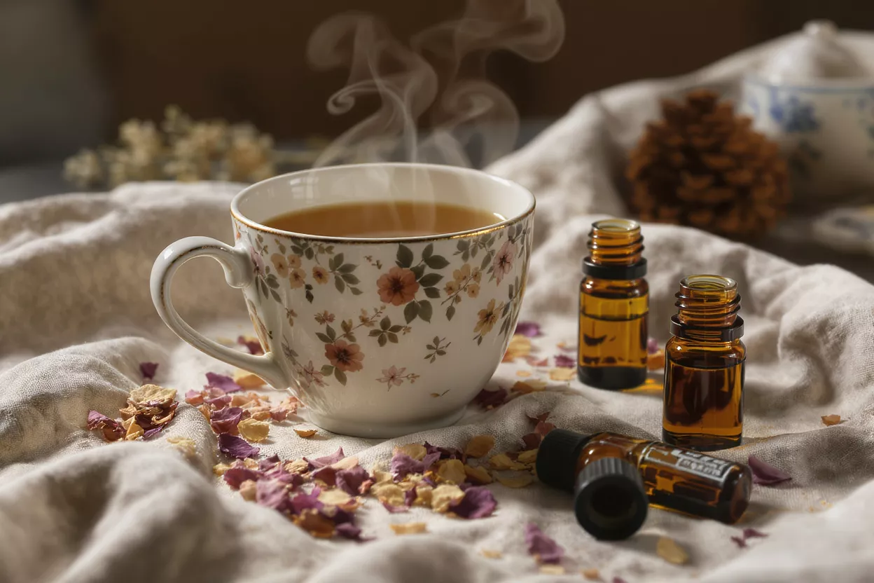 Thé fumant dans une tasse fleurie avec des flacons d'huiles essentielles et des pétales de rose.