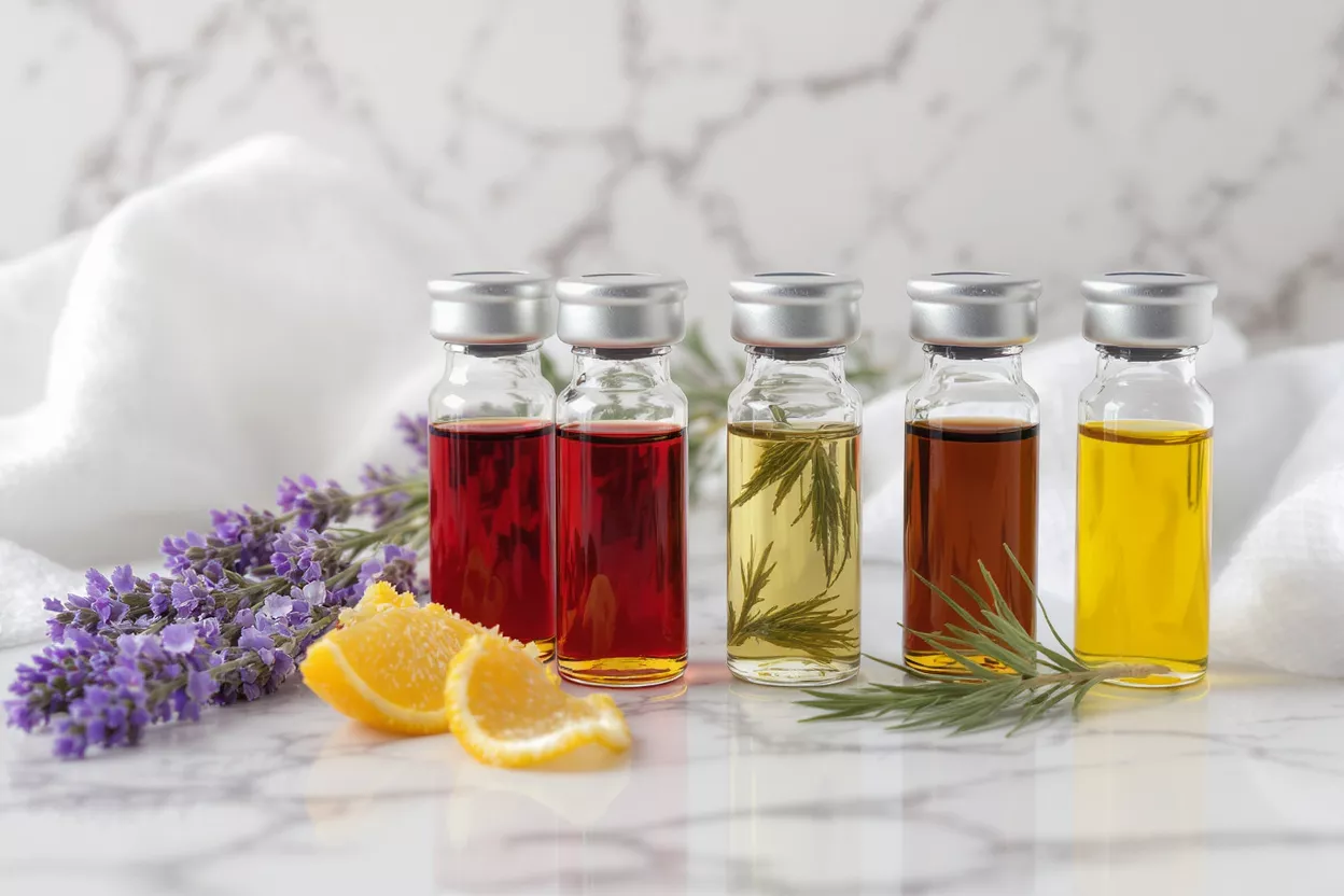 Cinq flacons d'huiles essentielles avec lavande, orange et romarin sur du marbre.