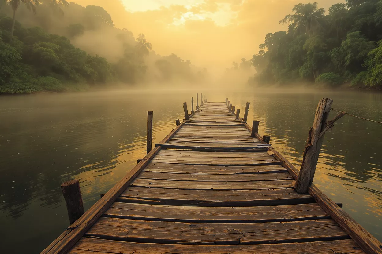 A long wooden dock extends into a misty river at sunrise, surrounded by lush trees.