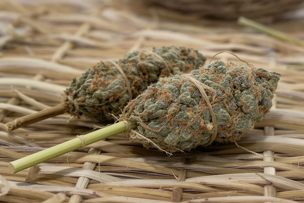 Two dried cannabis buds with stems, tied with twine, on a woven wicker surface.