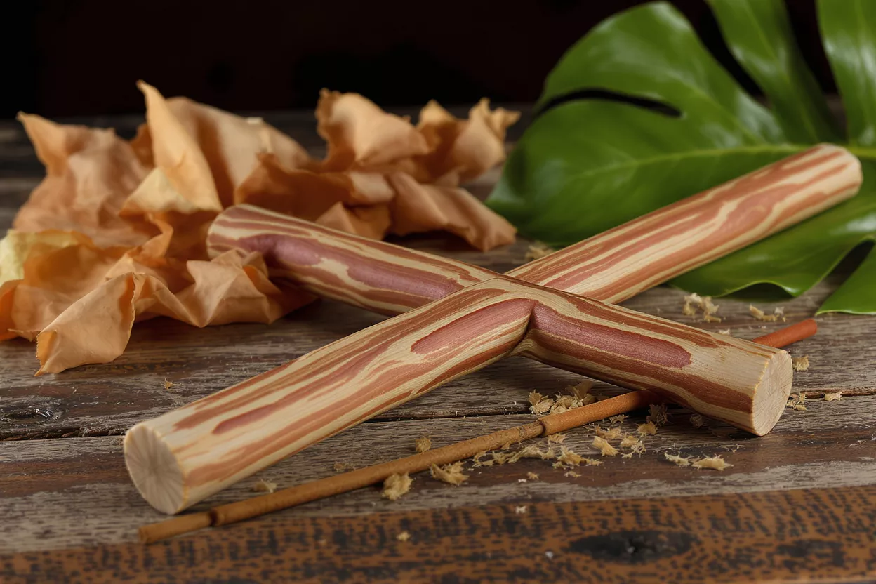 Wooden cross with wood shavings, dried leaves, and a green leaf on a wooden surface.