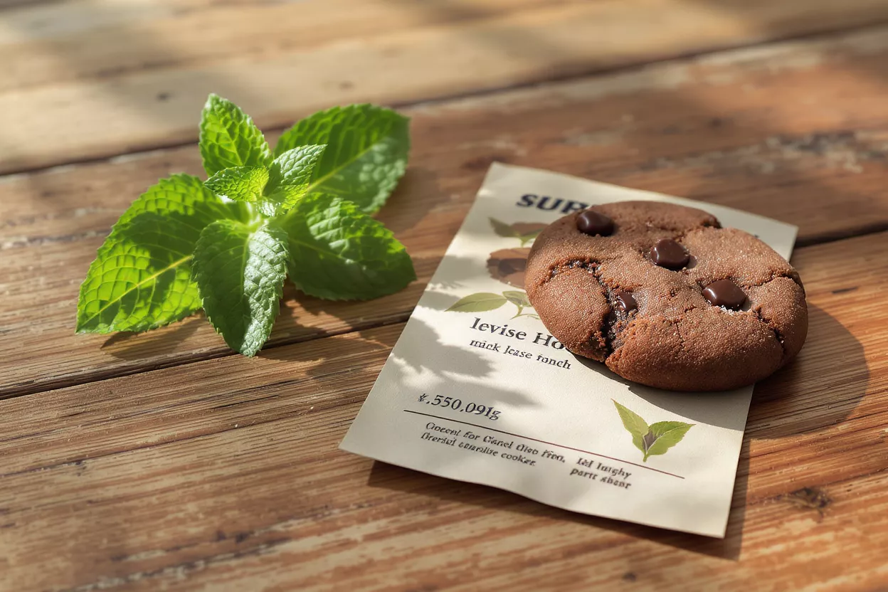 A chocolate chip cookie, fresh mint, and a paper on a rustic wooden table.