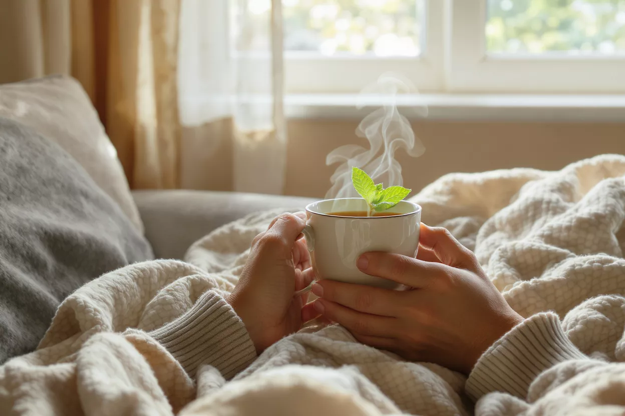 Hands holding a steaming cup of tea with mint, under a blanket.