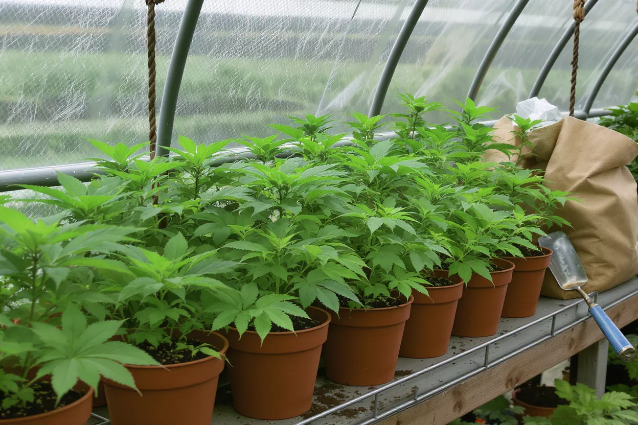 Rows of vibrant green cannabis plants growing in brown pots inside a greenhouse.