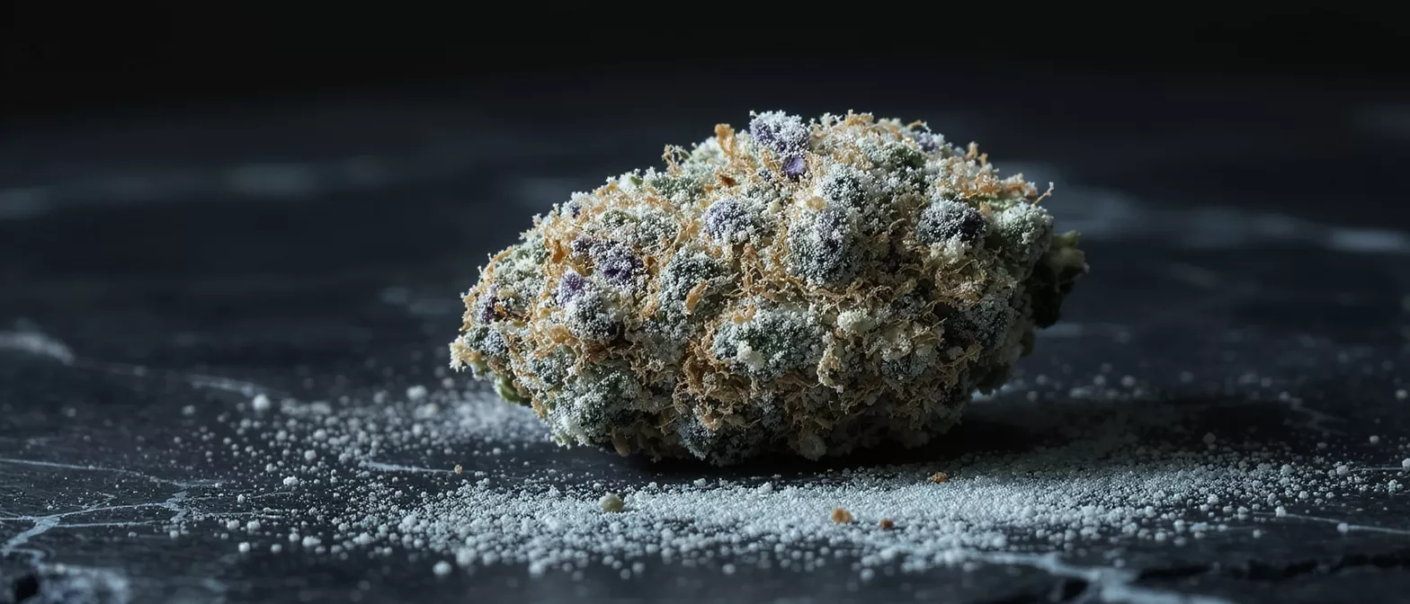 Close-up of a frosty cannabis bud with purple and orange hues on a dark surface.