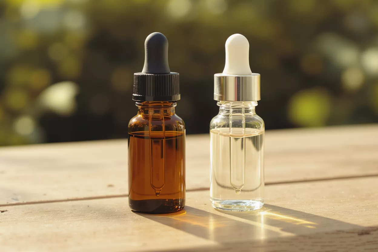 Amber and clear dropper bottles with liquid on a wooden surface outdoors.
