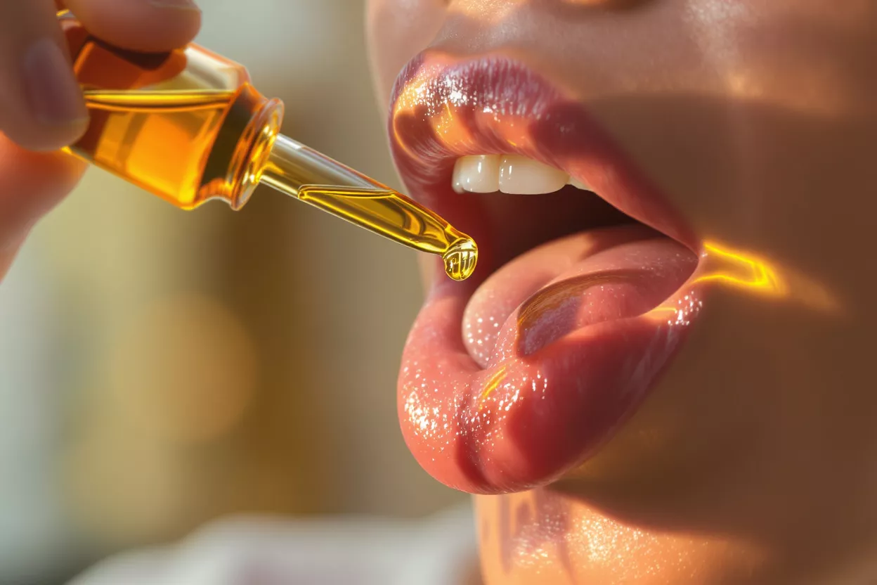 CBD Oil Drop Under Tongue Close-up of a person administering a golden oil drop under their tongue.