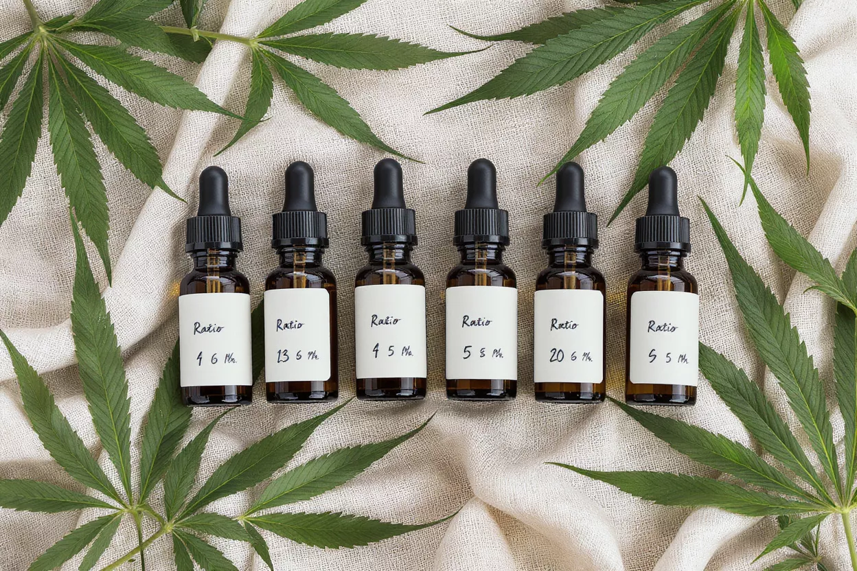 Six amber dropper bottles with 'Ratio' labels and cannabis leaves on linen.
