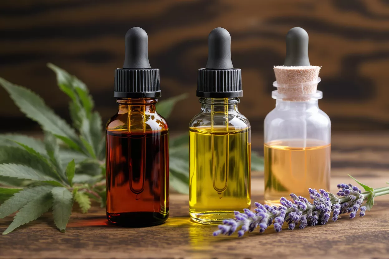 Essential Oils with Lavender and Hemp Three bottles of essential oils with lavender and hemp leaves on a wooden surface.