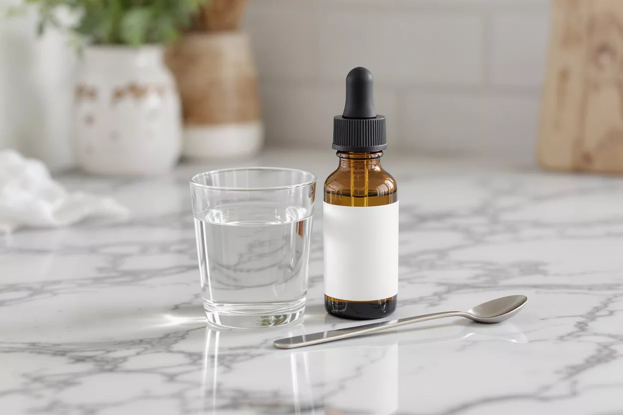 Amber dropper bottle, glass of water, and spoon on a white marble counter.