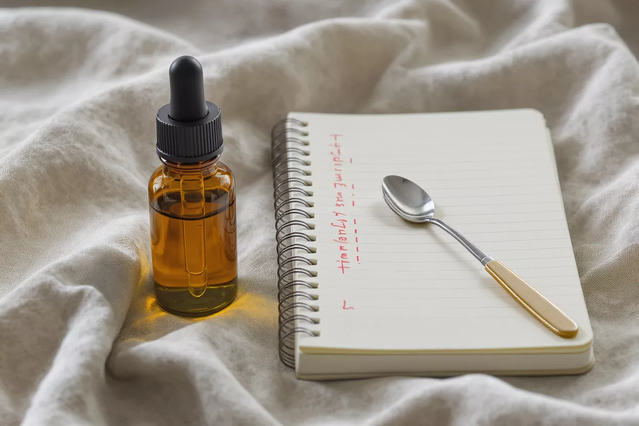 Essential Oil and Notebook Amber dropper bottle, spiral notebook with red writing, and a small spoon on fabric.