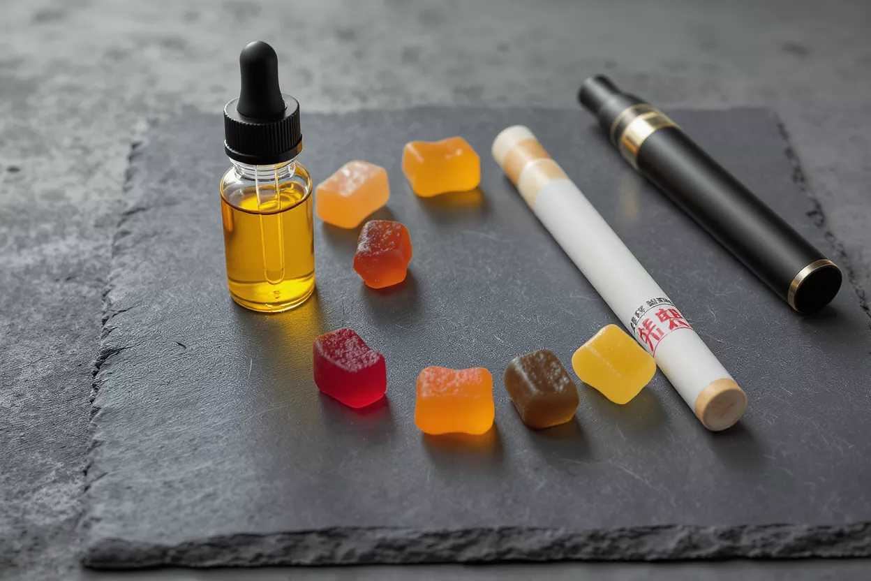 CBD oil dropper bottle, colorful gummies, and two vape pens on a dark surface.