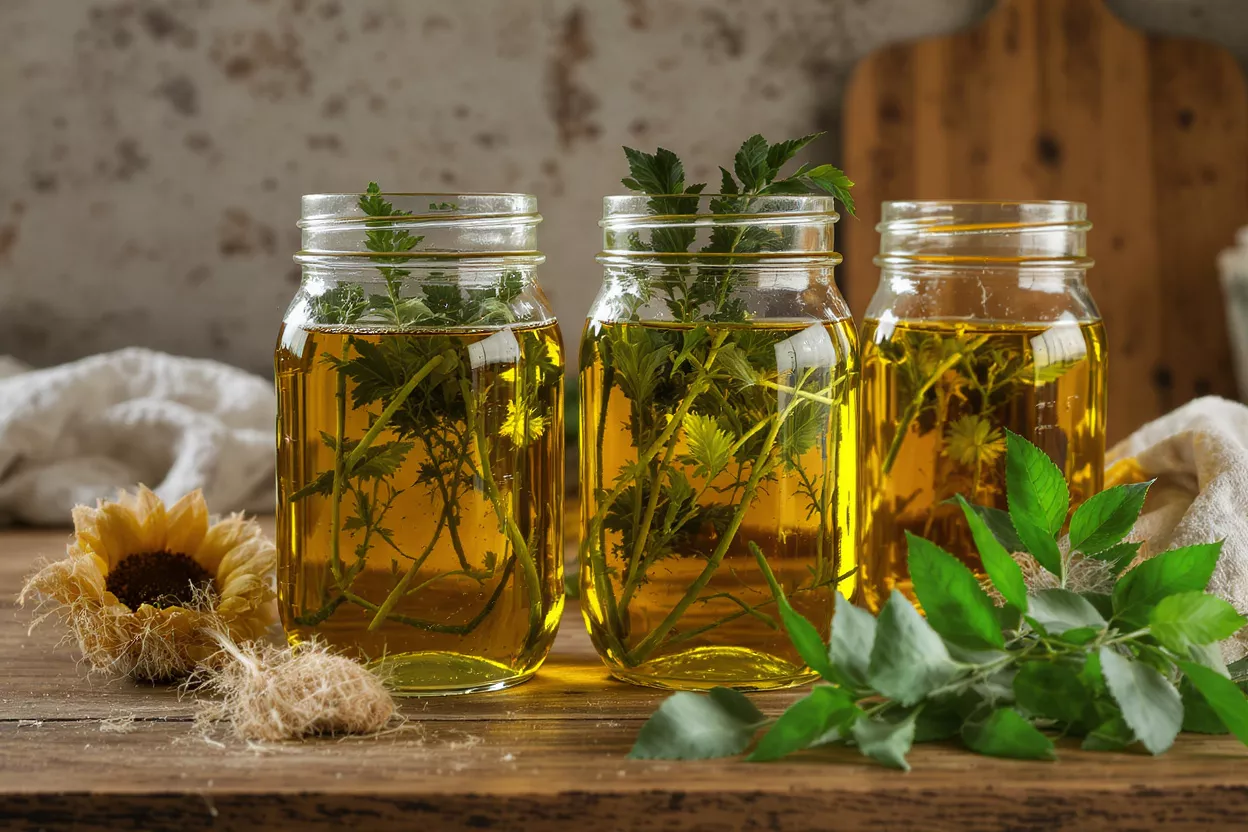 Herbal Infused Oils Three mason jars filled with golden oil and green herbs on a wooden surface.