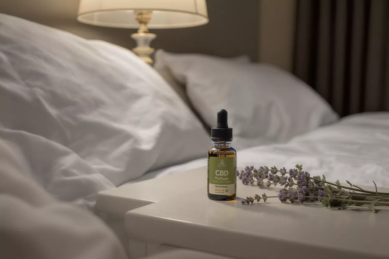 Frasco de aceite de CBD y lavanda en una mesita de noche con ropa de cama blanca.