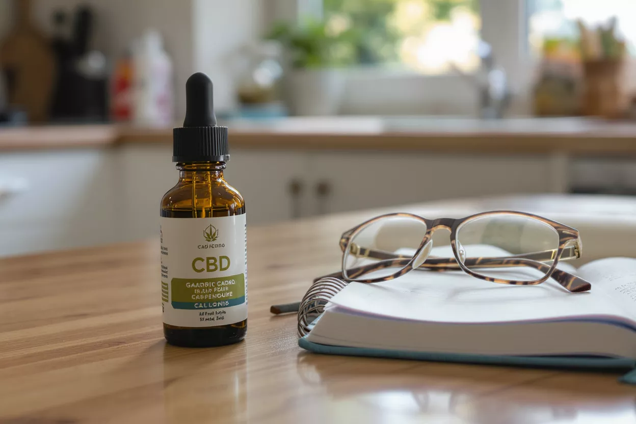 Botella de aceite de CBD, gafas de lectura y cuaderno abierto sobre una mesa de madera.