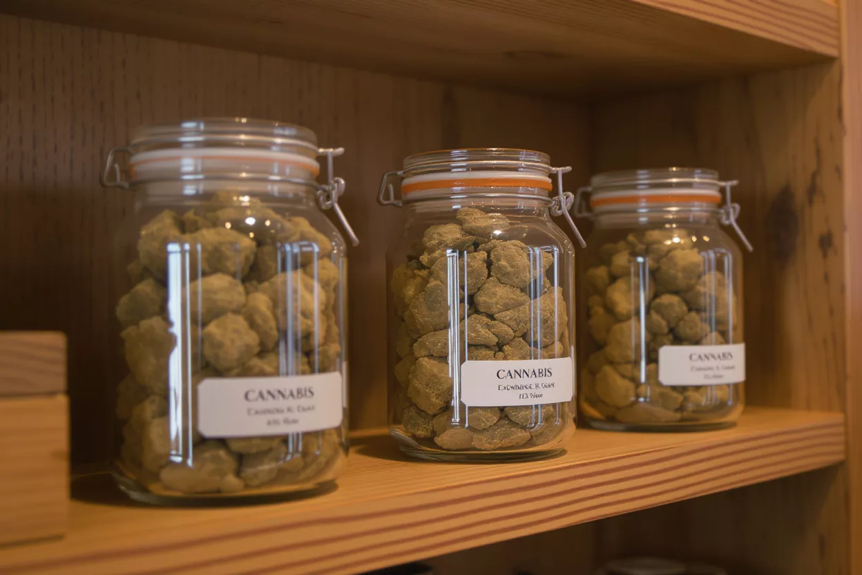 Three glass jars filled with cannabis buds on a wooden shelf.