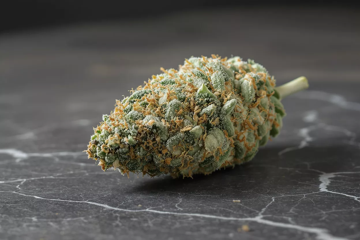 Close-up of a vibrant green cannabis bud with orange hairs and white trichomes.