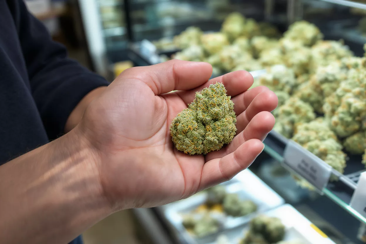 A hand holds a vibrant green cannabis bud with orange hairs in a dispensary.