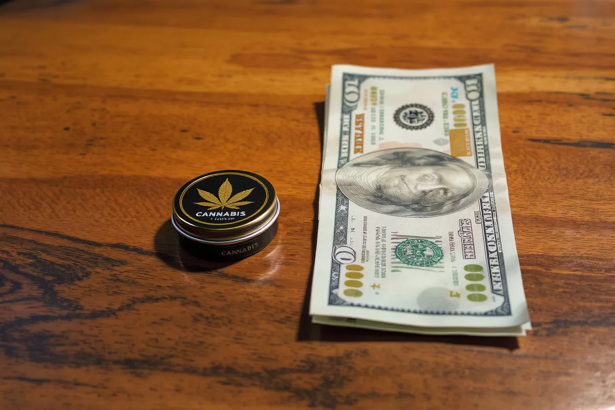 Small black cannabis tin with gold leaf next to folded hundred dollar bills.
