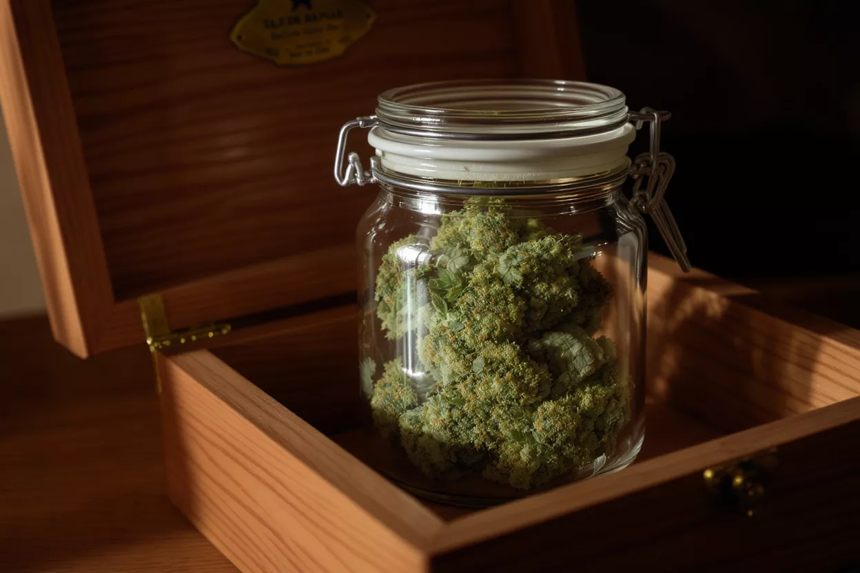 Close-up of cannabis buds in a clear glass jar inside an open wooden box.