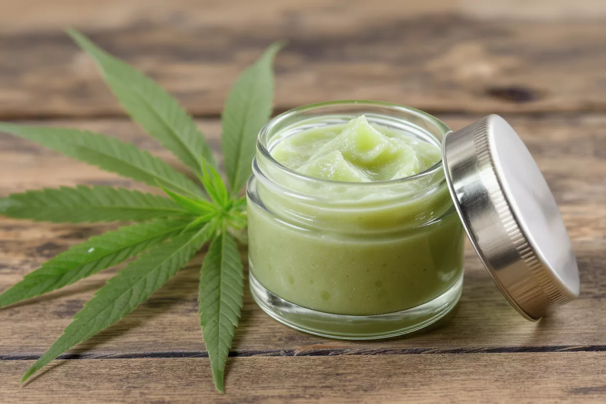 Green CBD cream in a glass jar with a cannabis leaf on a wooden table.