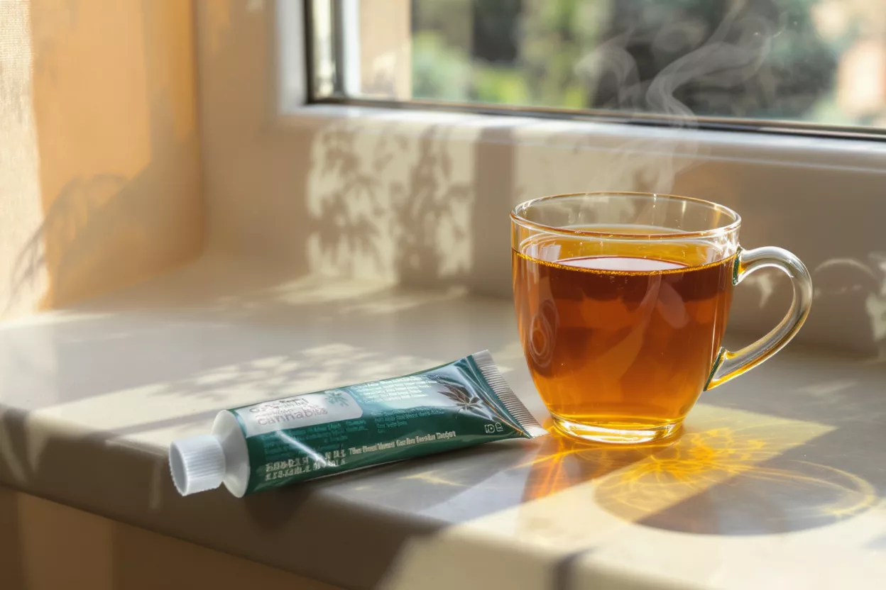 A tube of cannabis cream next to a steaming cup of tea on a sunlit windowsill.