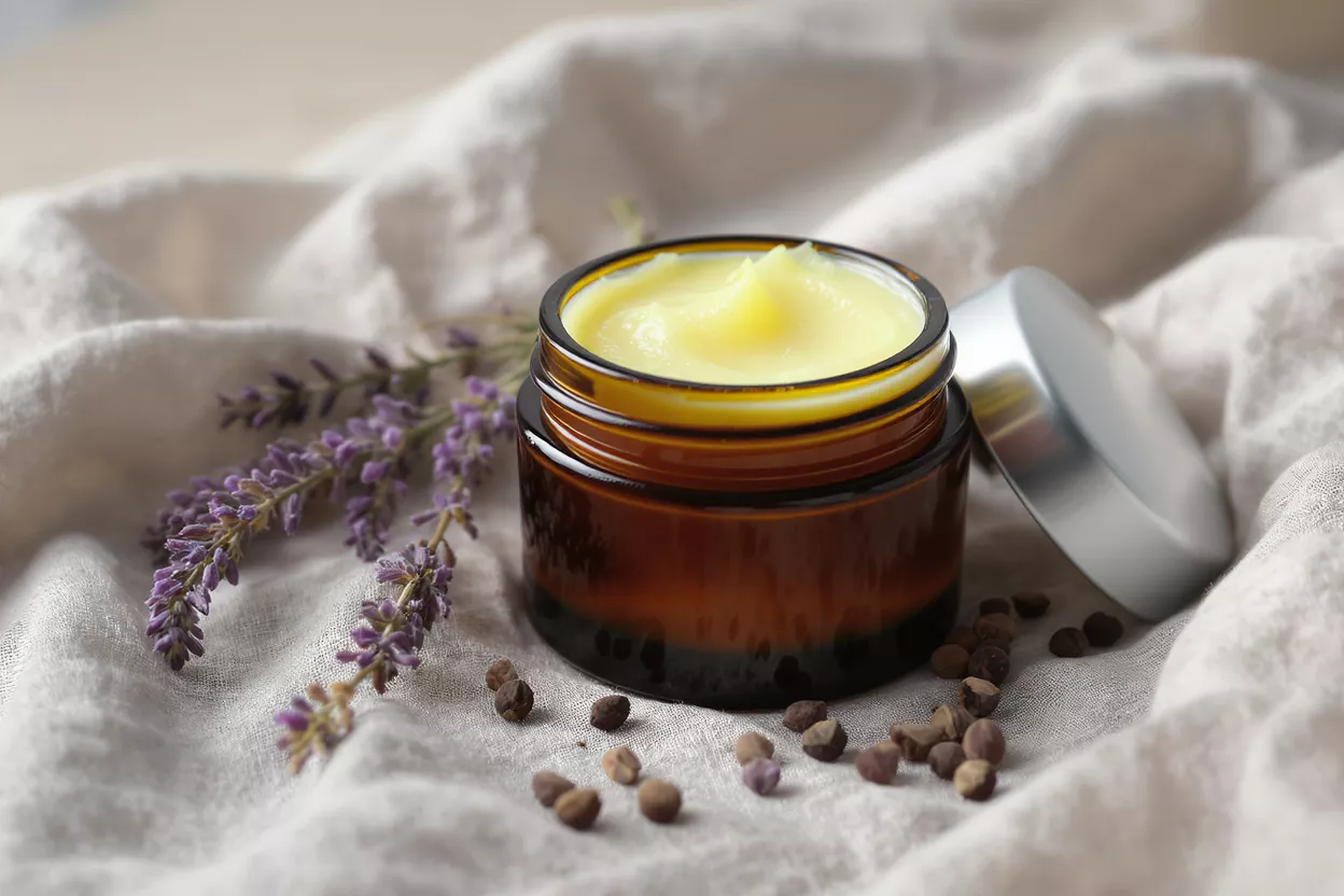 Amber jar of yellow cream, lavender sprig, and seeds on white cloth.