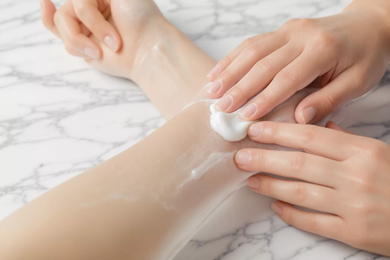 Close-up of hands applying white lotion to a smooth arm on a marble surface.