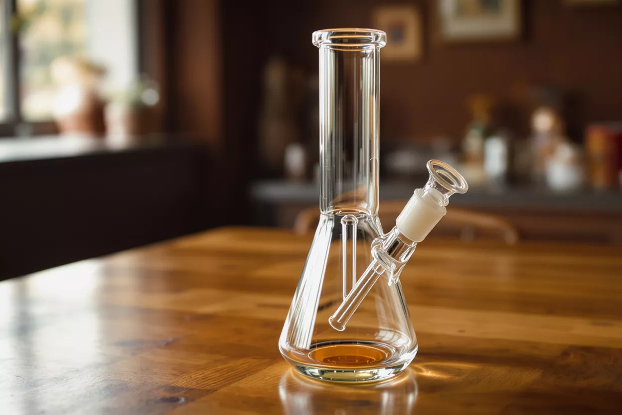 A clear glass water pipe with a beaker base on a wooden table.