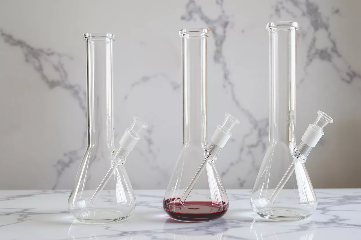 Three clear glass beaker bongs, one with red liquid, on a marble surface.