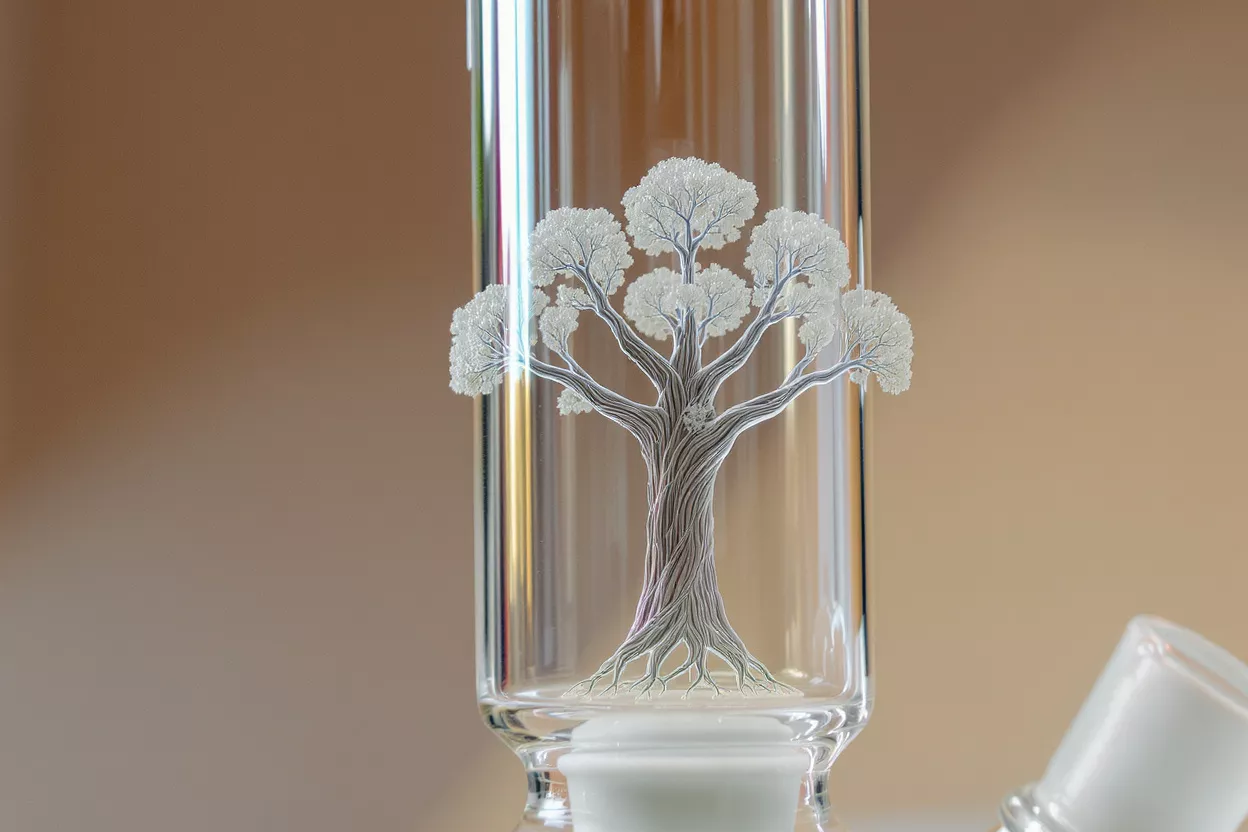 Close-up of a glass bong featuring an intricate white tree design.