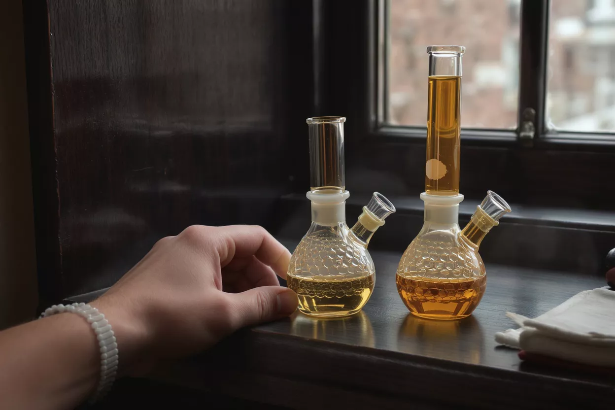 Two honeycomb glass bongs with golden liquid, one held by a hand.