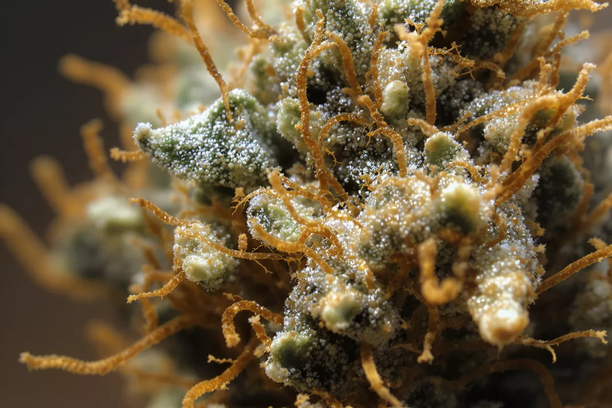 Close-up of a cannabis bud covered in white trichomes and orange pistils.