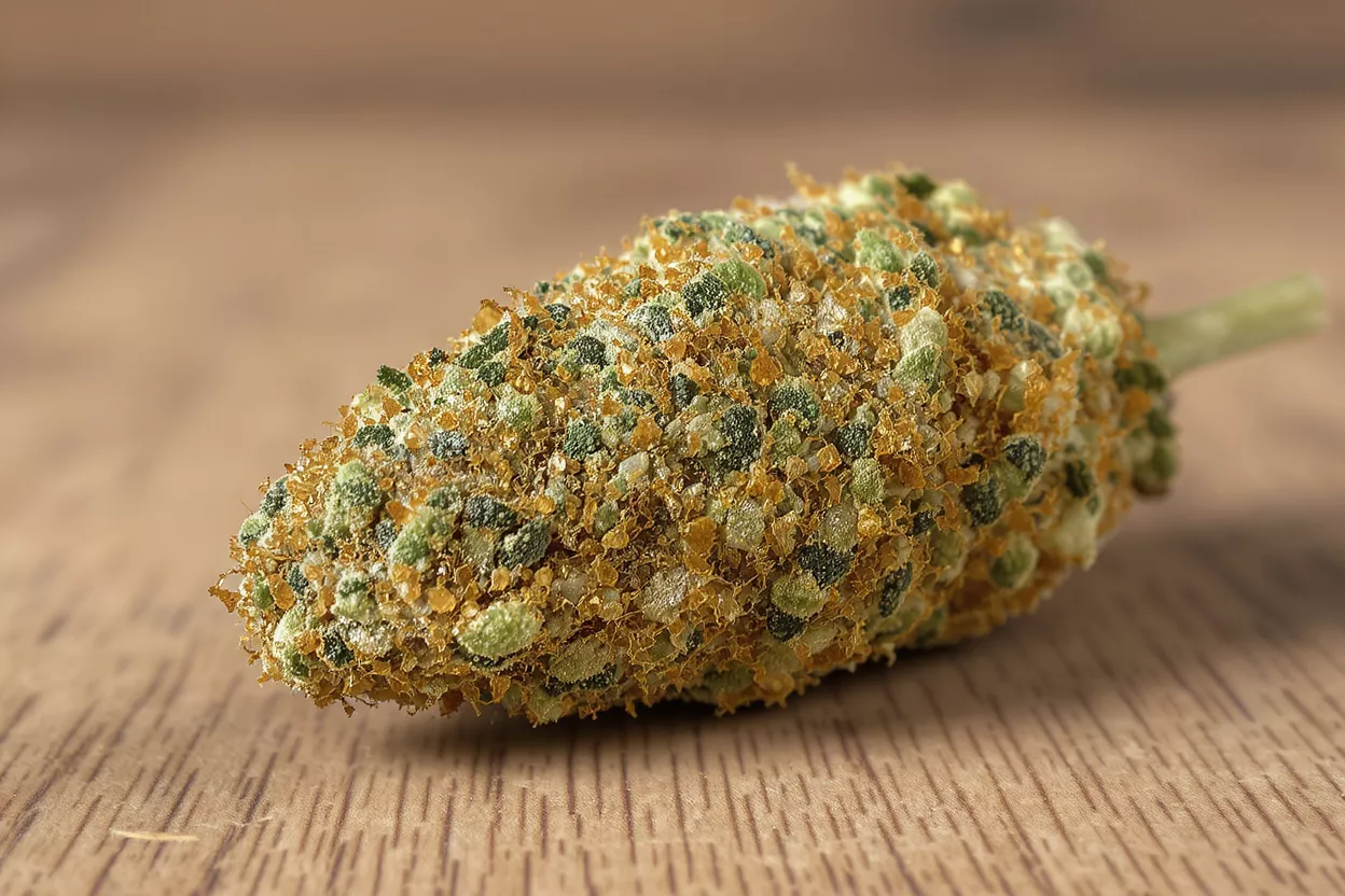 Close-up of a cannabis moon rock, green and orange, on a wooden surface.