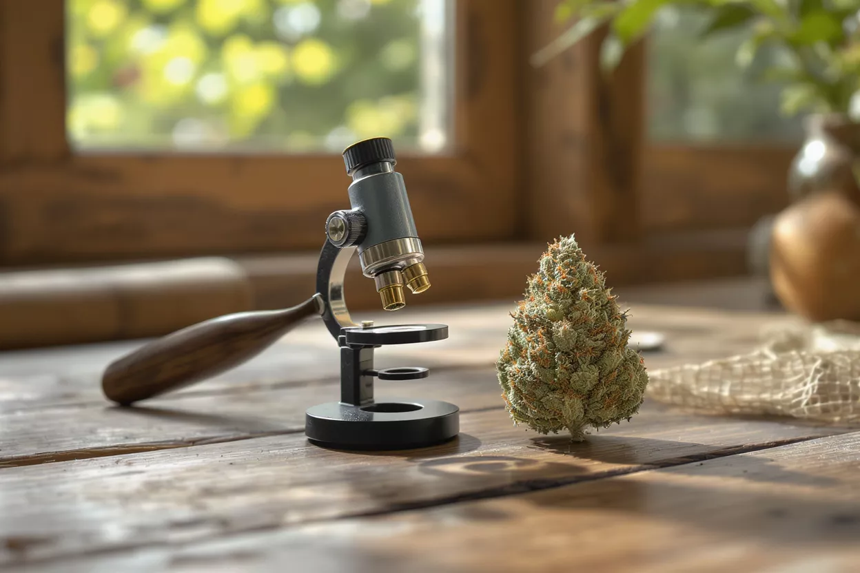 Cannabis bud next to a vintage microscope on a wooden table.