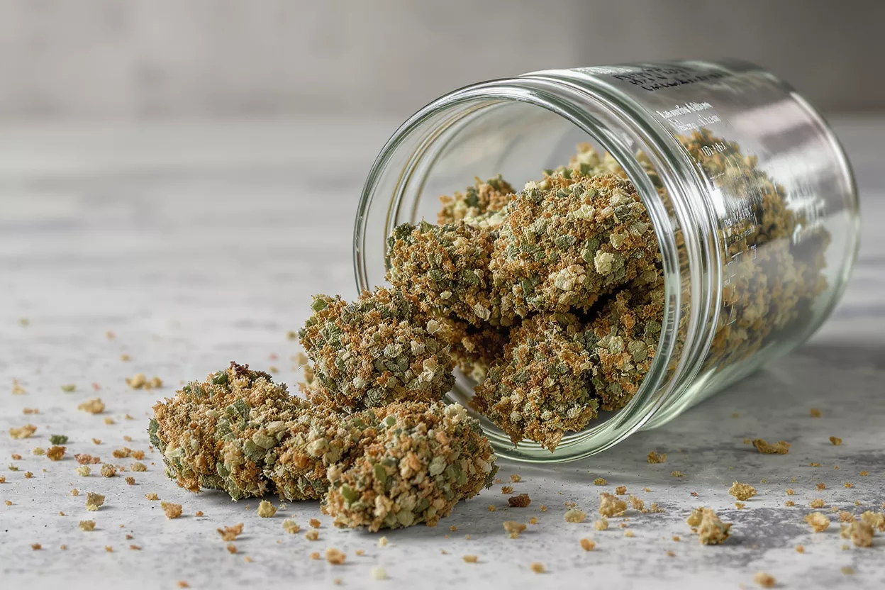 Close-up of cannabis buds spilling from a glass jar onto a light gray surface.