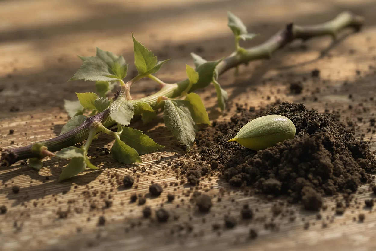A green seed and a leafy sprout on a wooden surface with scattered soil.