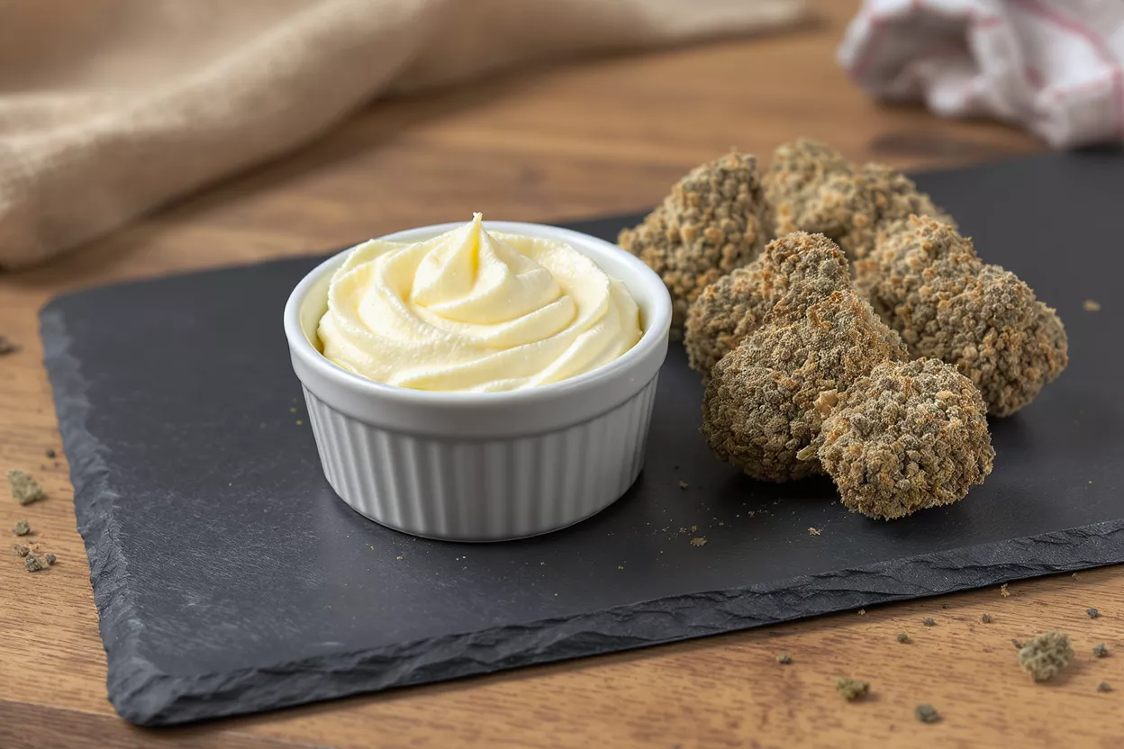 Crispy breaded mushrooms and a ramekin of creamy aioli on a slate board.